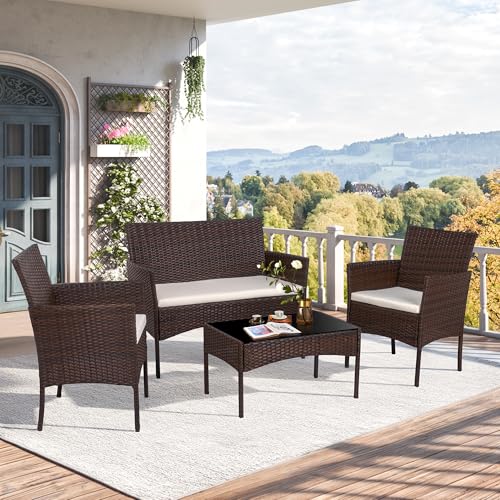 Shintenchi 4 Piece Outdoor Patio Furniture Set with Rattan Chairs and Glass Coffee Table, Black W6133
