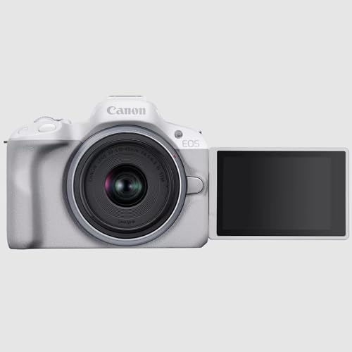 Canon EOS R50 Mirrorless Camera with RF-S 18-45mm Lens, White, Bundle with Bag, Batteries & Memory Cards S656267