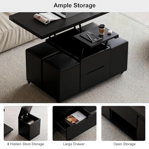 homary Black Lift-Top Coffee Table with Hidden Storage and 4 Stools O1455