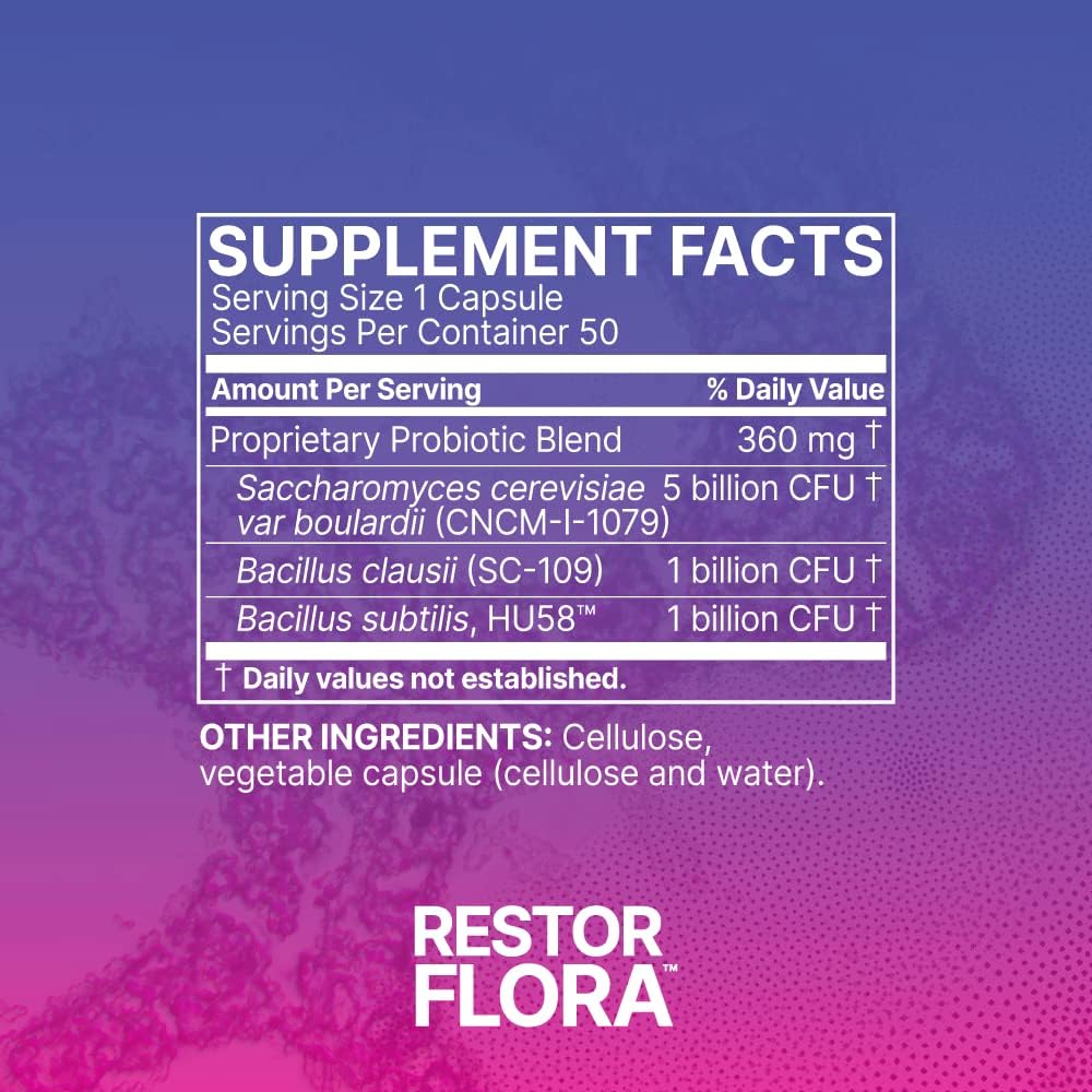 Restorflora Probiotic Supplement for Gut Health, 50 Capsules T334