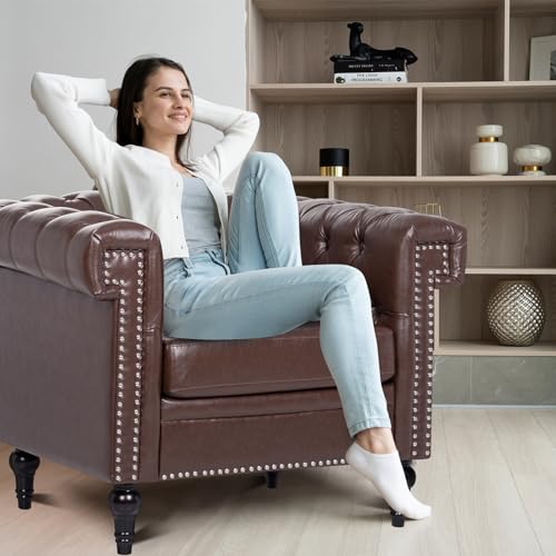 Chesterfield Leather Chair with Tufted Back and Solid Wood Legs, Brown P779