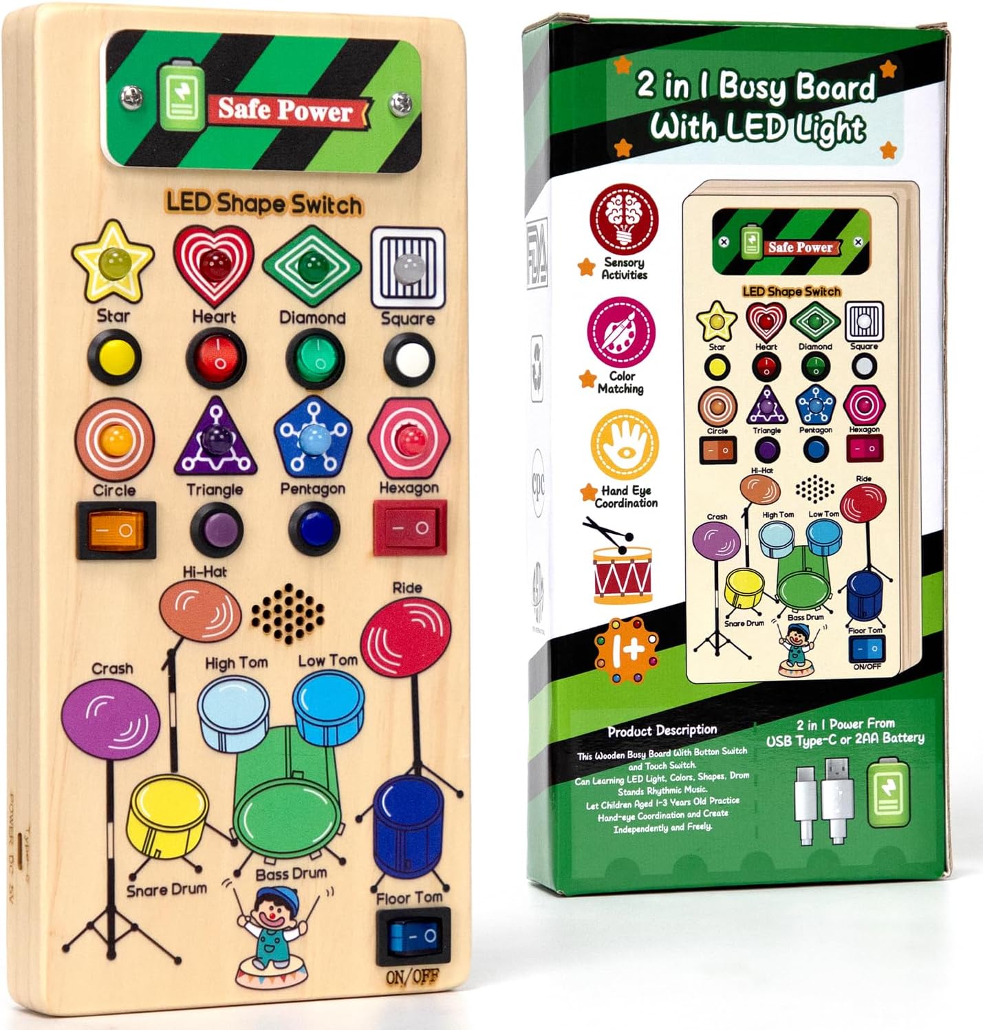 1 2 3 Year Old Boys & Girls Birthday Gifts USB Busy Board Montessori Toys with LED Shape Switch and Drum Set, Sensory/Autism/Fidget/Learning/Educational/Activity Toys for Home, Travel, Car Quiet Games