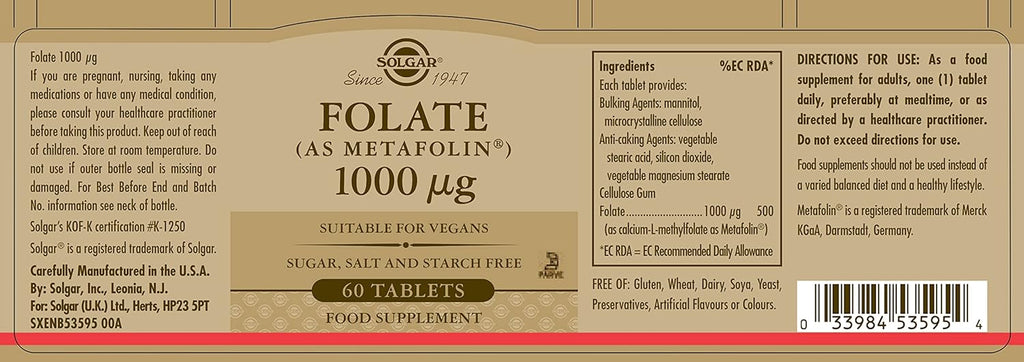 Solgar Folate 1000 mcg Tablets, Vegan, Gluten Free R778656