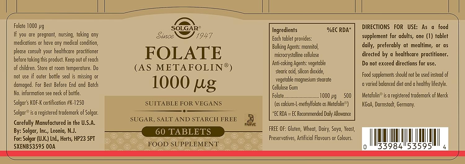 Solgar Folate 1000 mcg Tablets, Vegan, Gluten Free R778656