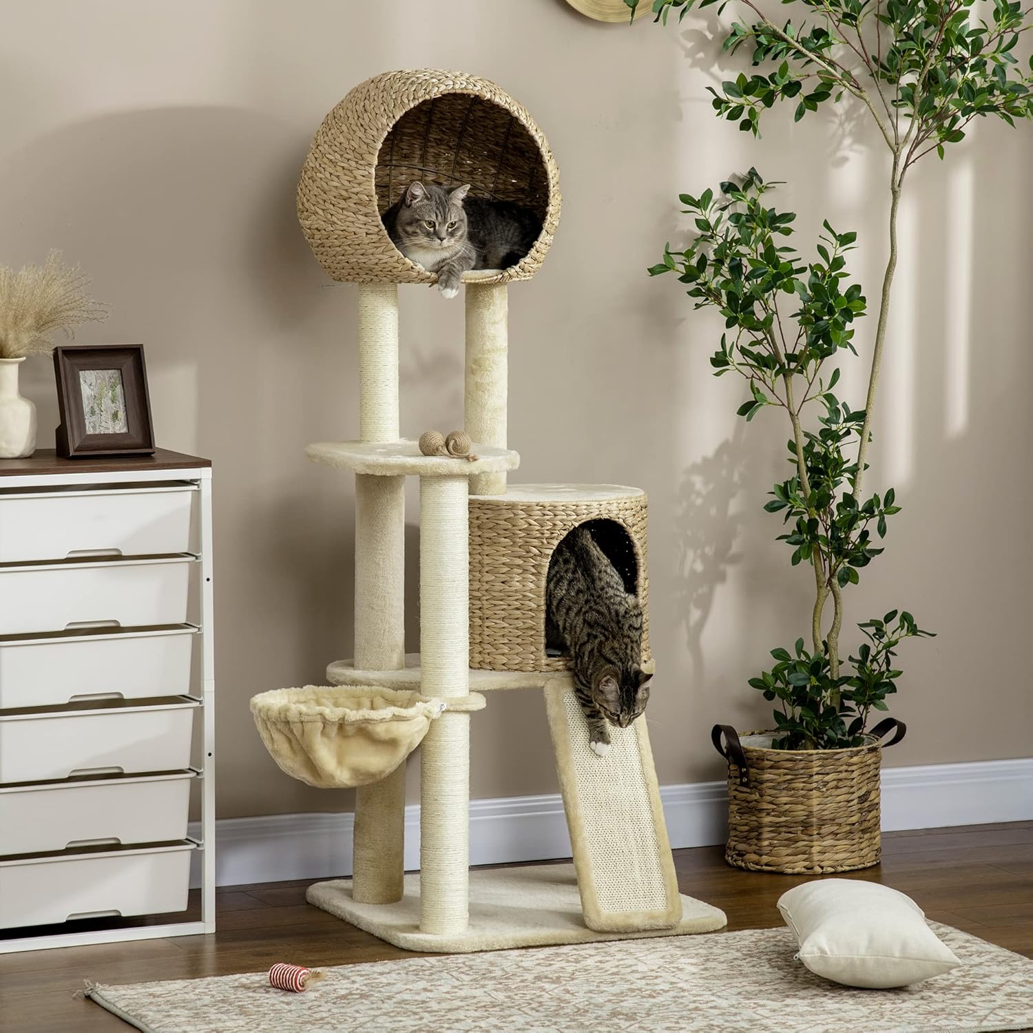 PawHut 59 Inch Cat Tree for Indoor Cats with Condo, Hammock, Scratching Posts, Beige W443
