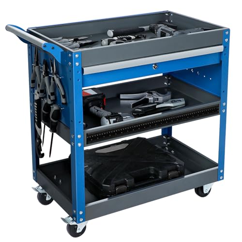 3 Tier Rolling Tool Cart with Drawers, 440 LBS Capacity, Blue F894