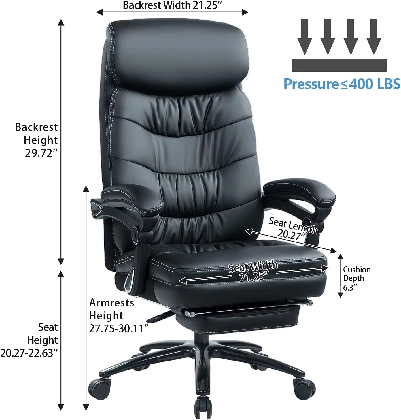 Big and Tall Executive Office Chair with Foot Rest, Reclining, 400lbs W5972