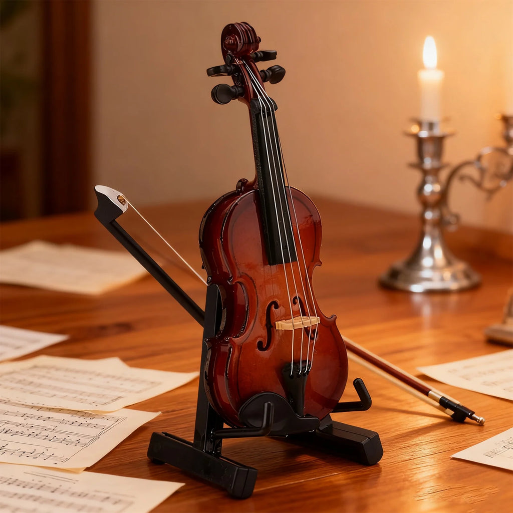 Wooden Mini Violin Model with Stand Playable Figurine T1445
