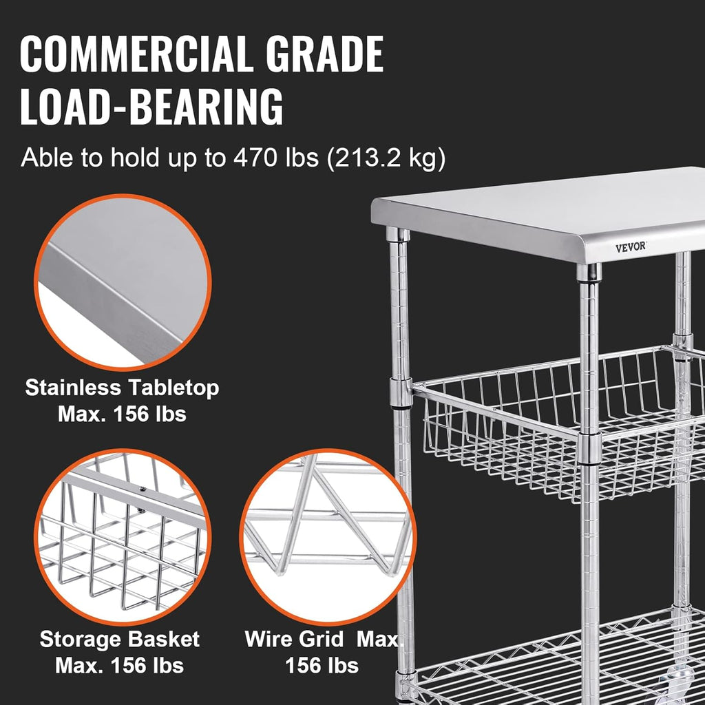 VEVOR Kitchen Utility Cart, 3-Tier Steel Rolling Cart with Brake Wheels X906