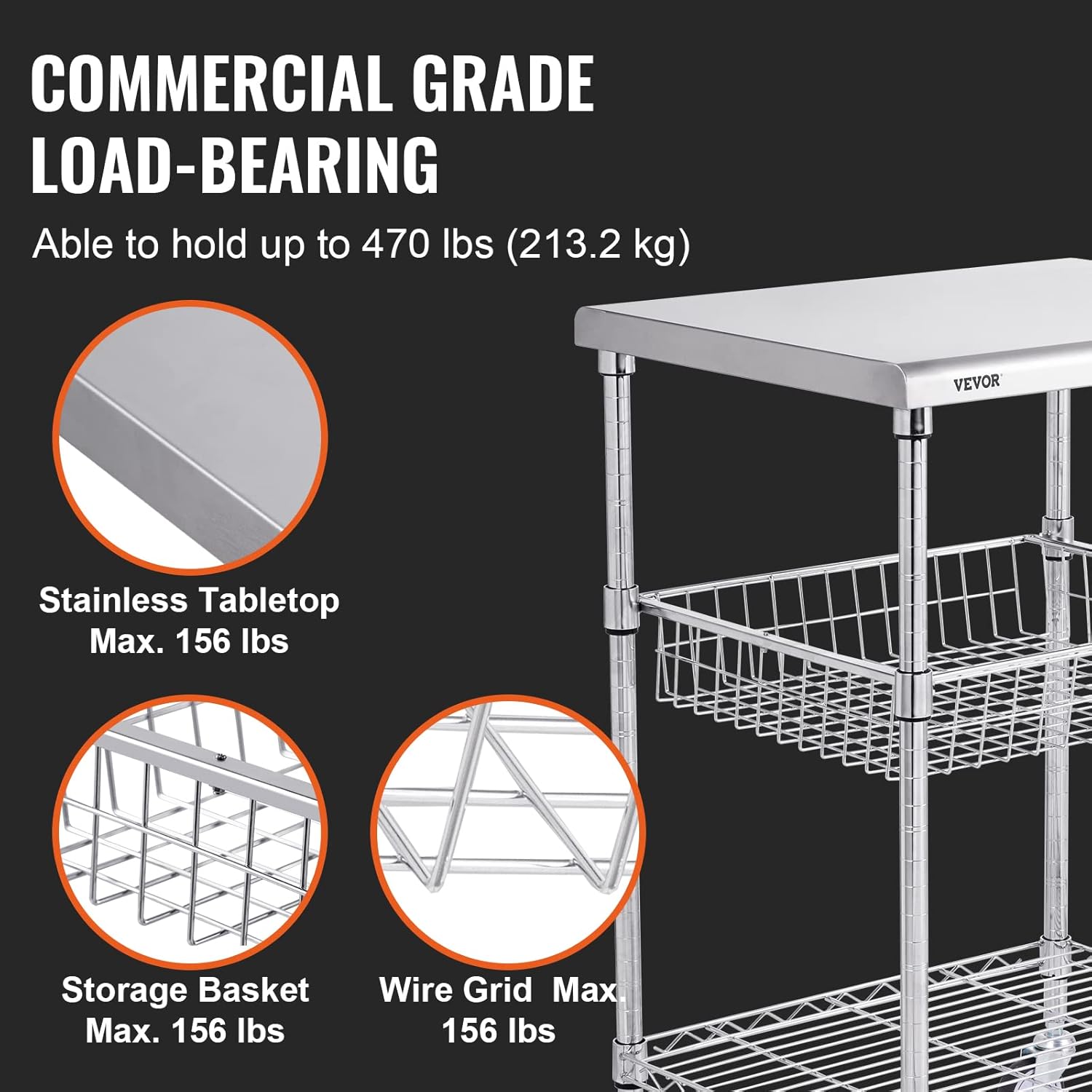 VEVOR Kitchen Utility Cart, 3-Tier Steel Rolling Cart with Brake Wheels X906