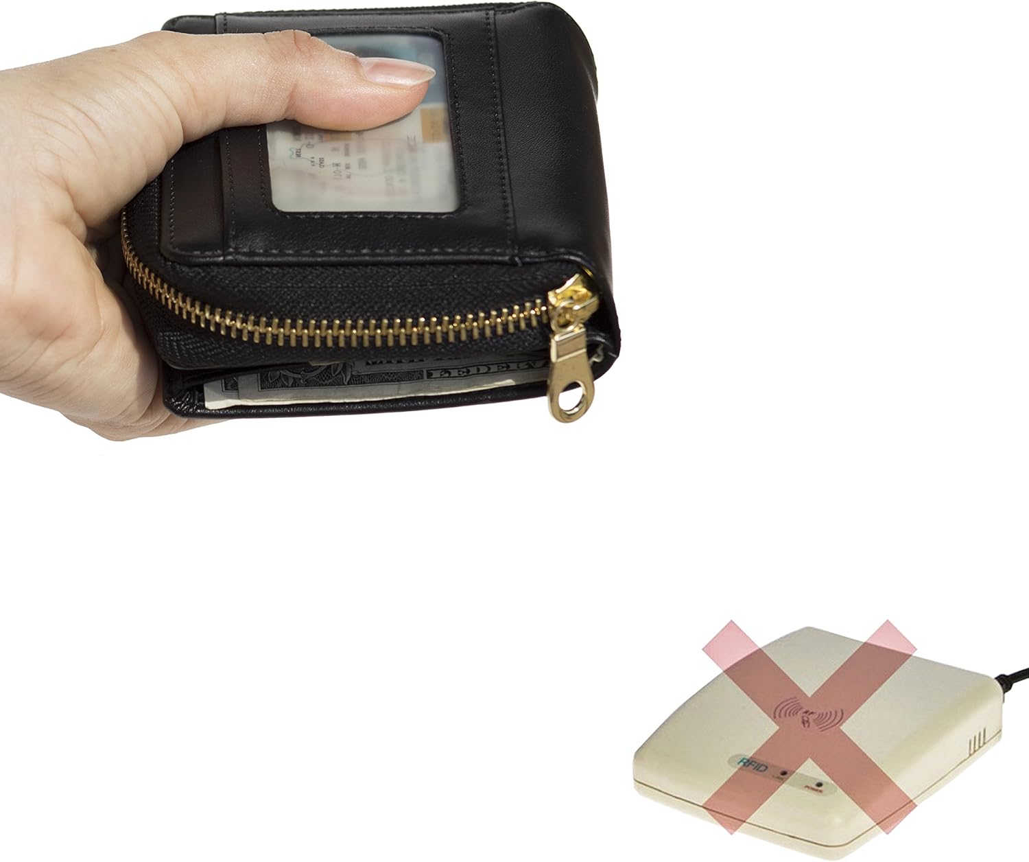 Women's Genuine Leather Scan Proof Small Zip Wallet Black N827