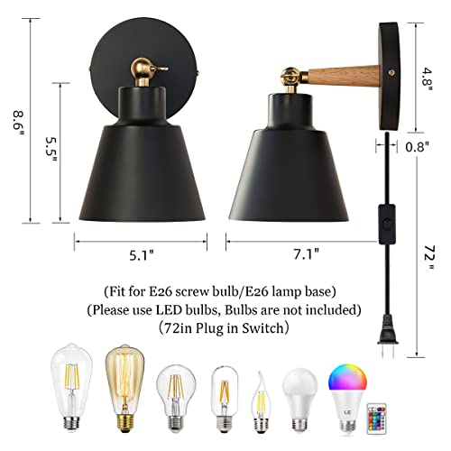 Plug in Wall Sconces Lighting Fixture, Black Nordic Wooden Bedside Wall Lamp Q1738
