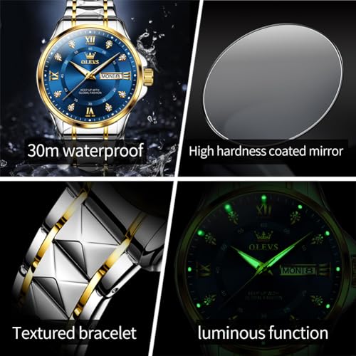 OLEVS Men's Quartz Diamond Dress Gold Watch Stainless Steel Waterproof X7518