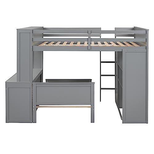 Harper & Bright Designs Full Over Twin Bunk Bed with Desk and Storage, Solid Wood, Gray L8927