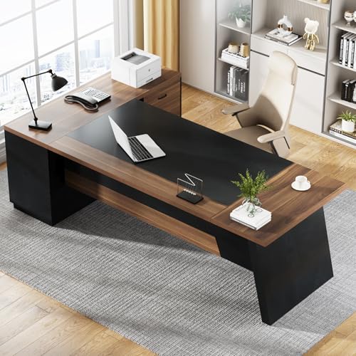 Tribesigns 78" L-Shaped Executive Desk with Drawers and File Cabinet, Walnut & Black V6249