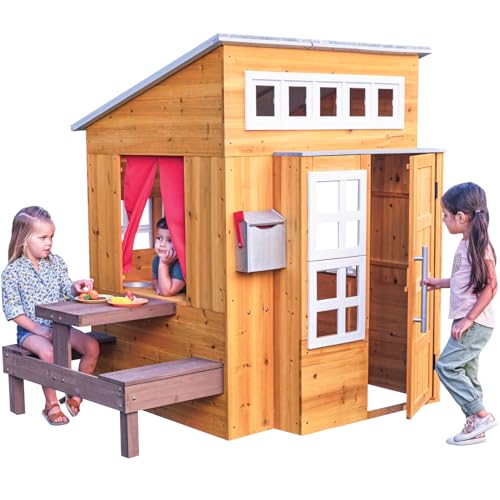 KidKraft Modern Outdoor Wooden Playhouse with Picnic Table and Grill S7361