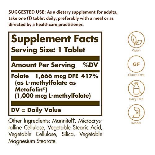 Solgar Folate 1000 mcg, 120 Tablets - Vegan, Gluten Free E188