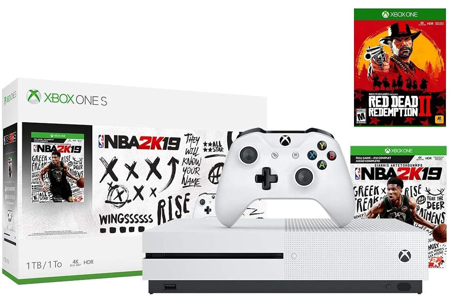 Xbox One S 1TB NBA 2K19 Red Dead Bonus Bundle: Red Dead Redemption 2, NBA 2K19 Game, Xbox One S 1TB Console, Xbox Wireless Controller, Choose Your Favorite Game