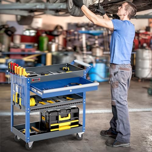 3 Tier Rolling Tool Cart with Drawers, 440 LBS Capacity, Blue F894