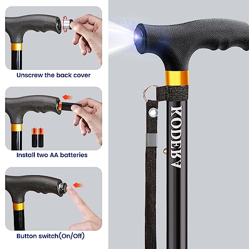 Kodera Folding Walking Cane with LED Light, Adjustable Aluminum J8019