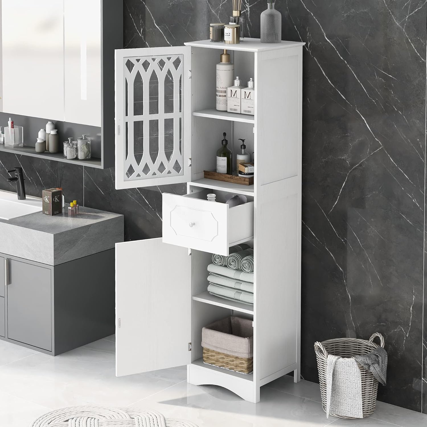 Merax Slim Tall Bathroom Storage Cabinet with Adjustable Shelf, Drawer and 2 Doors, Freestanding Linen Tower, 16.5" L x 14.2''W x 63.8''H, White