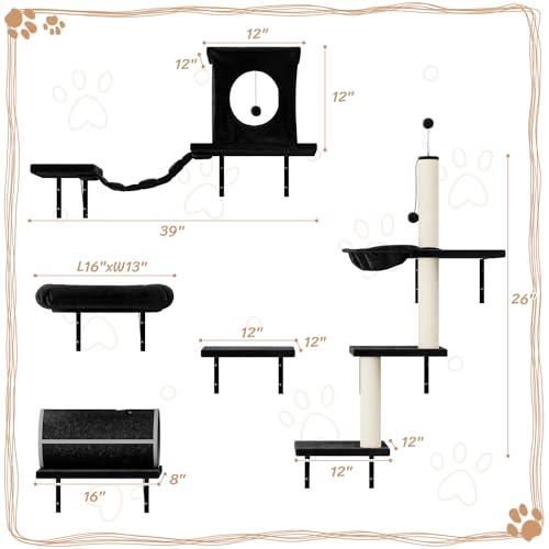 Wall Mounted Cat Climber Set with Cat House, Tunnel, Bridge and Hammock (Grey) O42346
