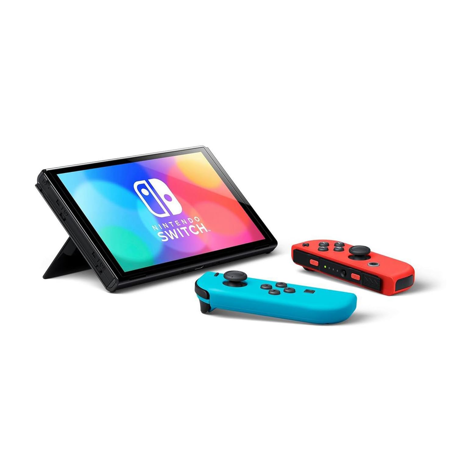 Nintendo Switch OLED Model Neon Red/Blue Accessory Bundle with Extra Joy-Con, Dock, Grips, Straps, Case and Earphones N48223