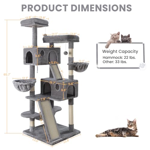 SHA CERLIN 65in Cat Tree Tower for Indoor Cats, Multi-Level with Scratching Posts and Hammock Y941282