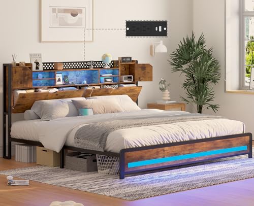 King Size Bed Frame with Storage Drawers and Bookcase Headboard, LED Lights, Vintage Brown K9476