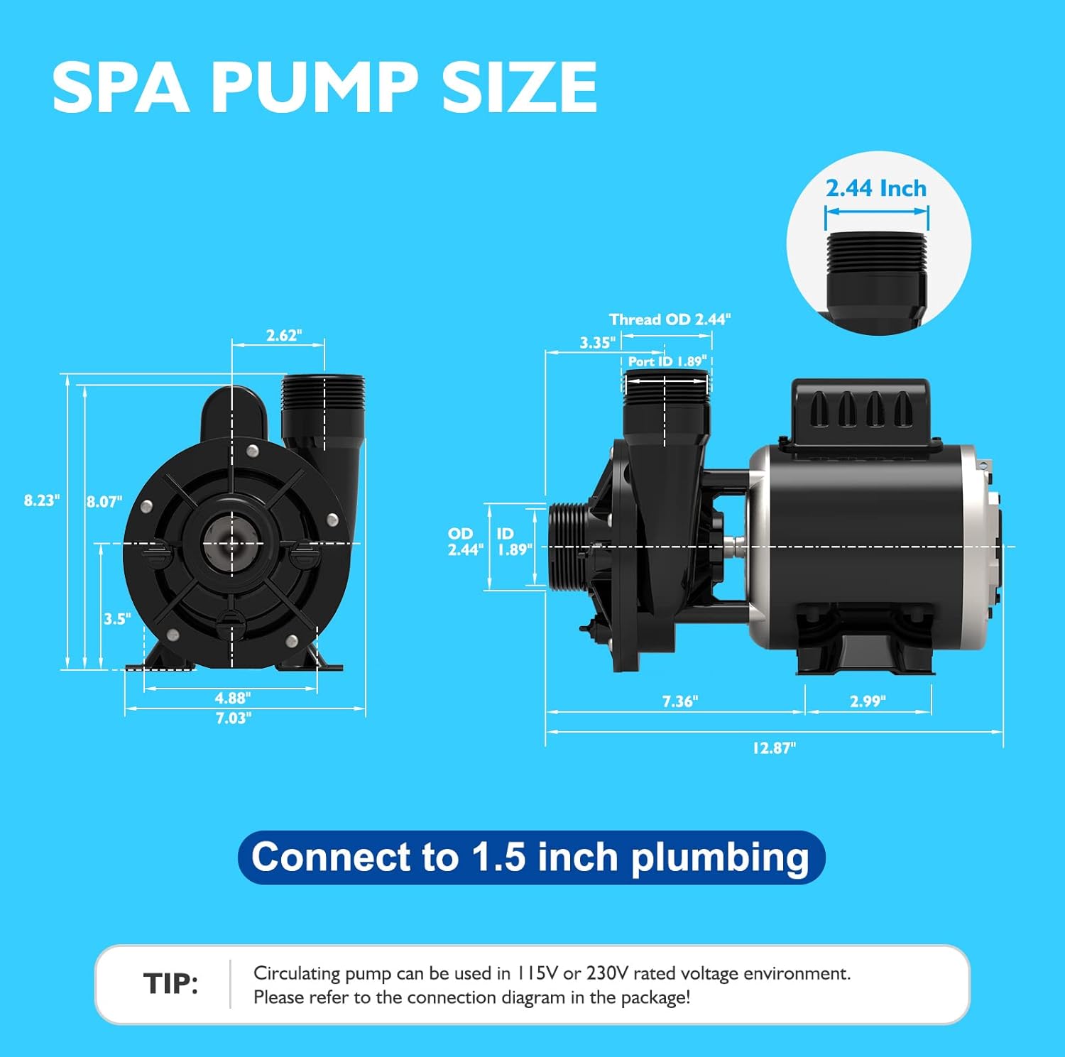 SPA Circulation Pump 0.25HP Single Speed 115V/230V 1.5" Port Model 48WTC0153C-I E109