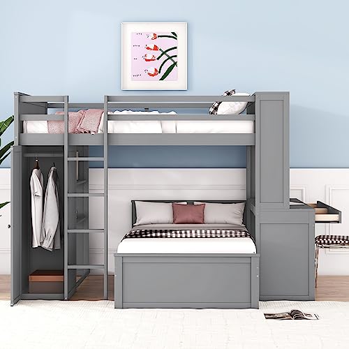 Harper & Bright Designs Full Over Twin Bunk Bed with Desk and Storage, Solid Wood, Gray L8927