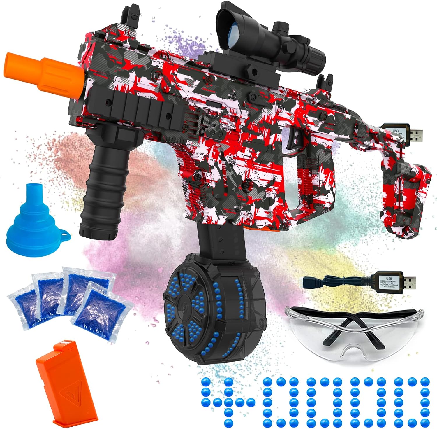 Electric Gel Ball Blaster, High Speed Automatic Splatter Ball Blaster with 40000+ and Goggles, JIFTOK Rechargeable Splatter Ball Toys for Outdoor Activities Shooting Game Party Favors-Red