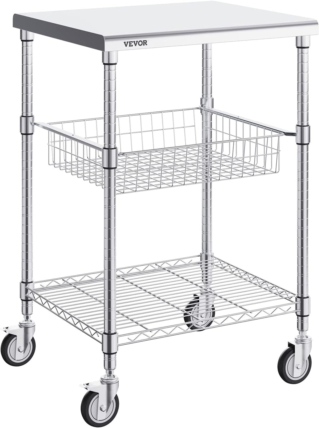 VEVOR Kitchen Utility Cart, 20"x24"x36.6" 3 Tiers Wire Rolling Cart, 470LBS Capacity Steel Service Cart with Brake Wheels, Storage Trolley with 76mm Basket PP Liner 6 Hooks, for Indoor & Outdoor Use
