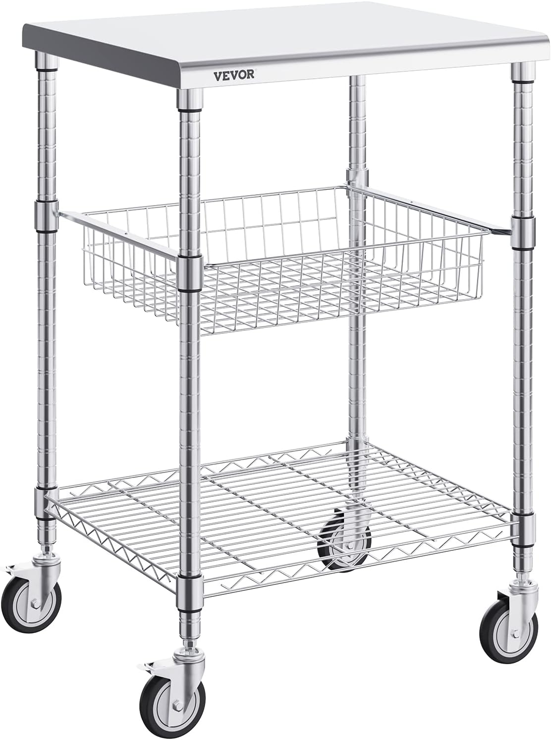 VEVOR Kitchen Utility Cart, 20"x24"x36.6" 3 Tiers Wire Rolling Cart, 470LBS Capacity Steel Service Cart with Brake Wheels, Storage Trolley with 76mm Basket PP Liner 6 Hooks, for Indoor & Outdoor Use