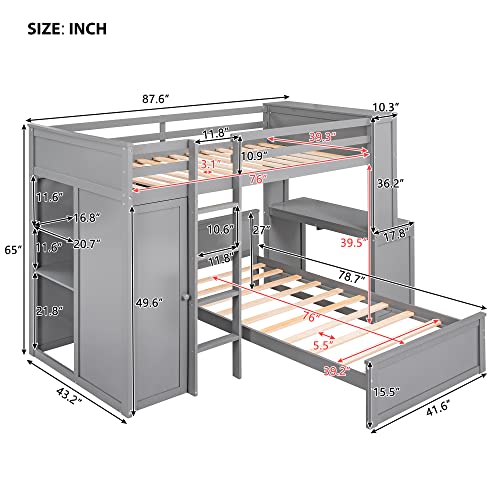 Harper & Bright Designs Full Over Twin Bunk Bed with Desk and Storage, Solid Wood, Gray L8927