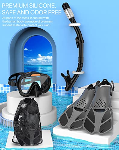 Snorkeling Gear Set for Adults with Diving Mask, Dry Top Snorkel, Fins and Travel Bag Q866