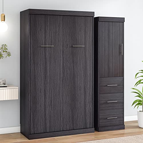 DEINPPA Full Size Murphy Bed with Convertible Wardrobe, Wall Bed with Drawers and Shelf, Antique Wood I776