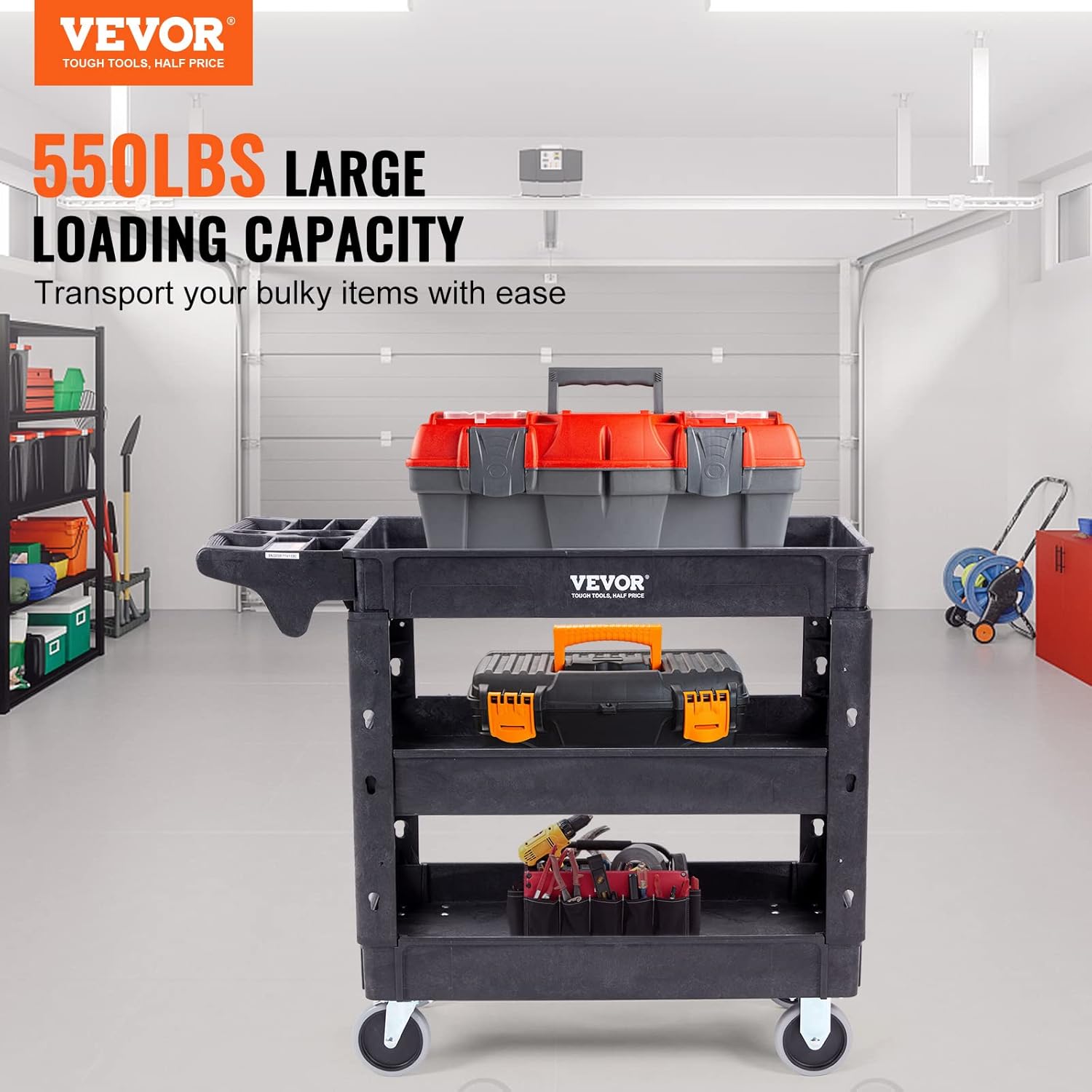 VEVOR Utility Service Cart, 3 Shelf 550LBS, 360° Swivel Wheels, Black D642355