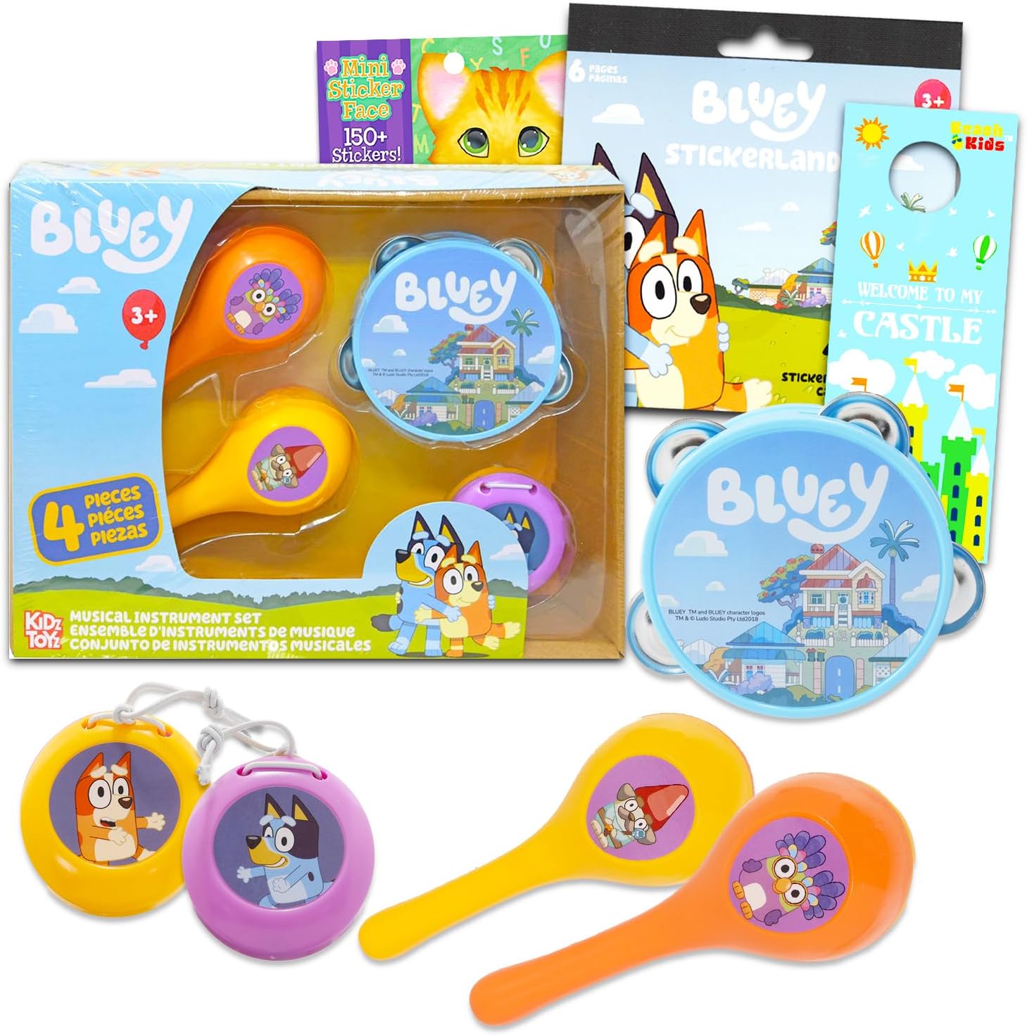 Bluey Musical Instruments Set - Bundle with Bluey Tambourine, Maracas, and Clapper Plus Bonus Stickers for Kids 1-3 | Bluey Musical Toys
