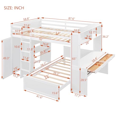 Harper & Bright Designs Full Over Twin Bunk Bed with Desk and Storage, Solid Wood, Gray L8927