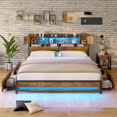 King Size Bed Frame with Storage Drawers and Bookcase Headboard, LED Lights, Vintage Brown K9476