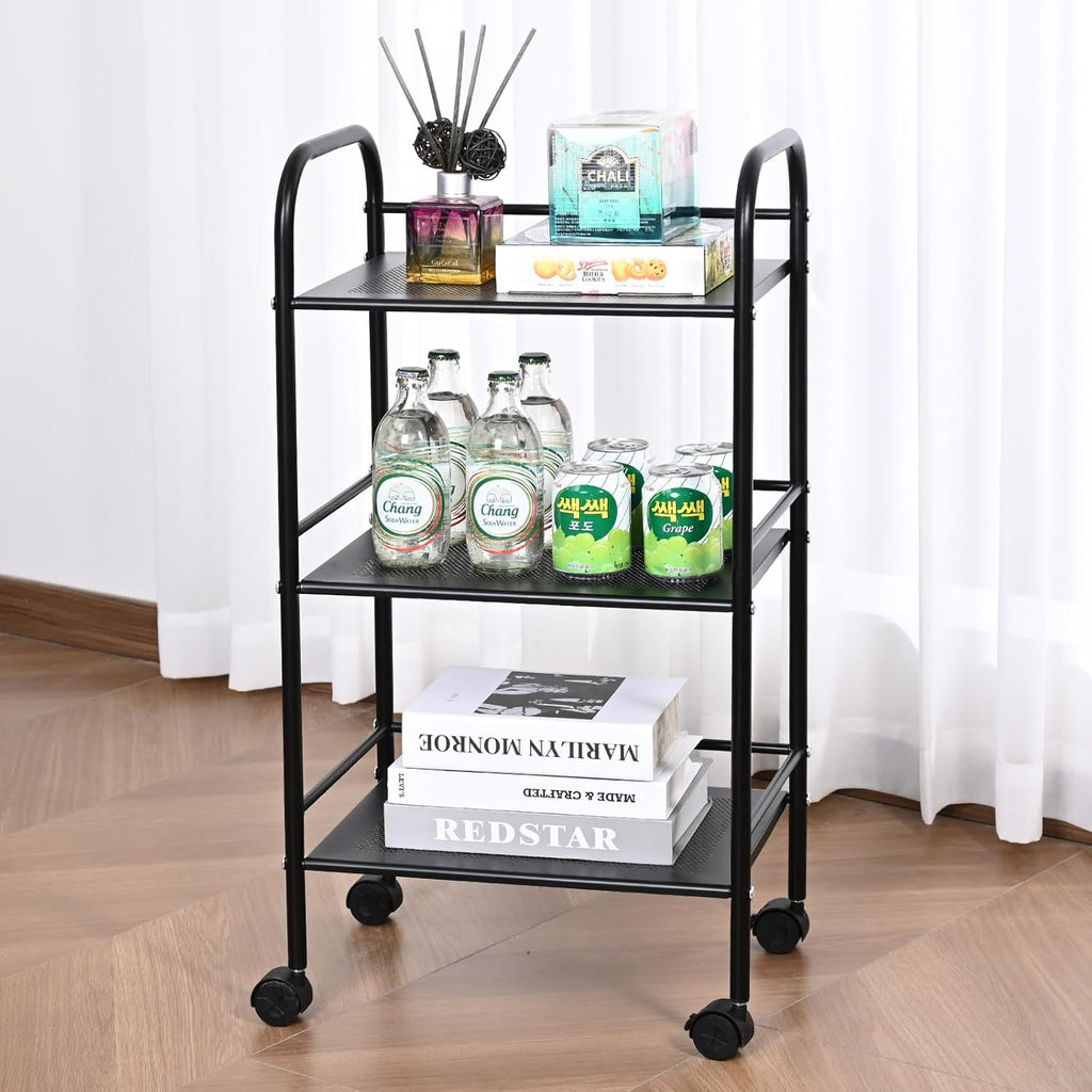VEVOR 3-Tier Metal Rolling Cart with Lockable Wheels, Black Q103026
