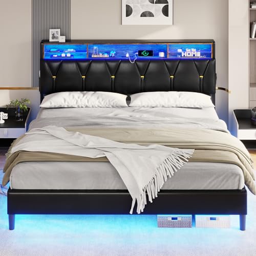 Full Size Velvet Upholstered Bed Frame with Headboard Storage & LED Lights B563