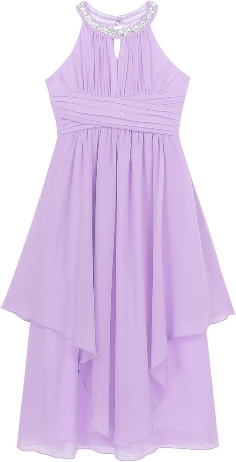 Alvivi Big Girls Halter-Neck Floral Lace Bridesmaid Romper Dress Lavender Q808132