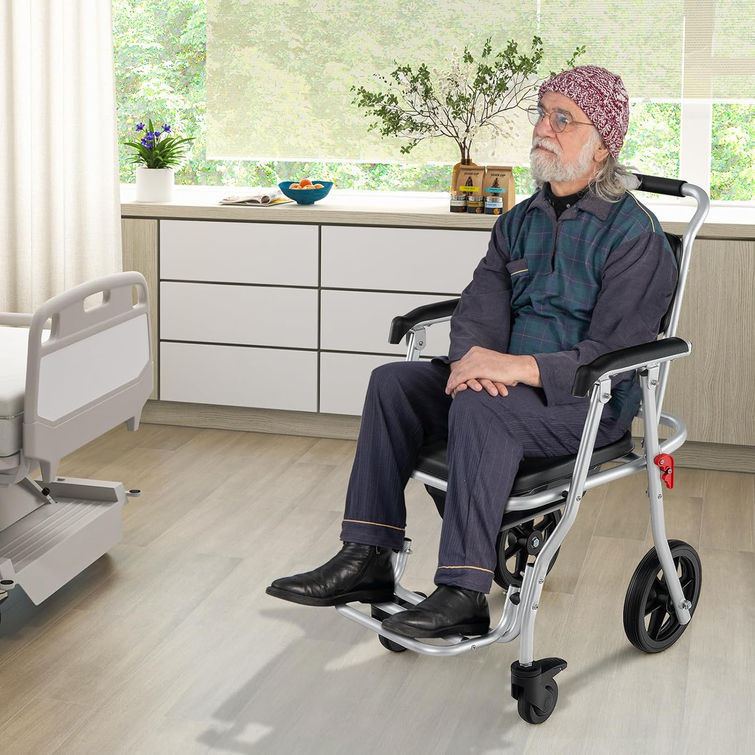 Giantex Bedside Commode Wheelchair with Arms, Lockable Casters, Detachable Bucket G734