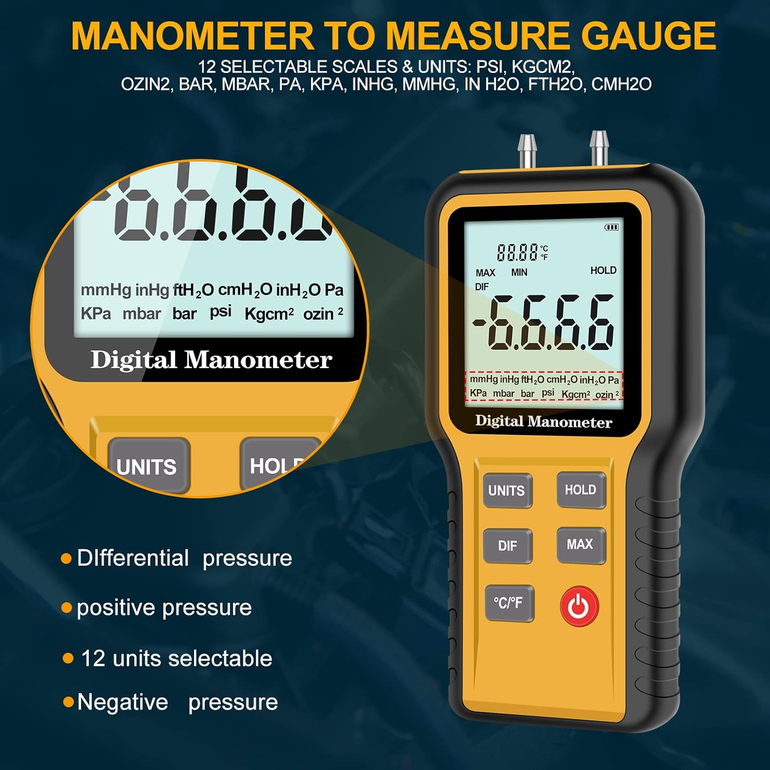 Manometer, Dual-Port HVAC Digital Air Pressure Meter Gas Tester Z185