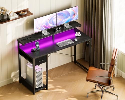 MOTPK Gaming Desk with LED Lights & Power Outlet, 48 Inch, Black X410417