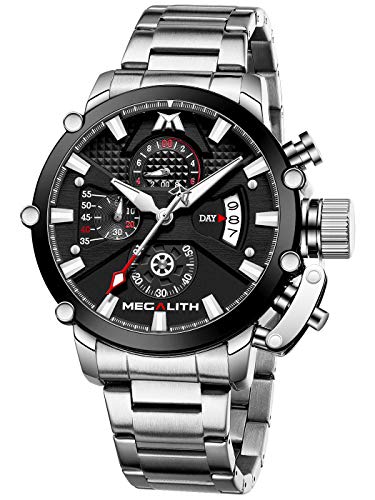 MEGALITH Men's Watch 45mm Stainless Steel Chronograph Waterproof Analog Quartz Date Heavy Duty Watches for Men Metal Luminous Multifunctional Cool Designer Gents Wrist Watches