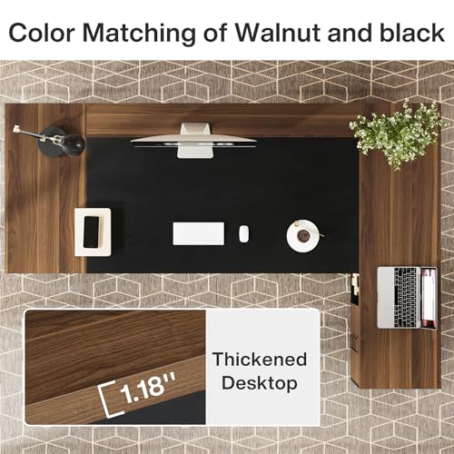 Tribesigns 78" L-Shaped Executive Desk with Drawers and File Cabinet, Walnut & Black V6249