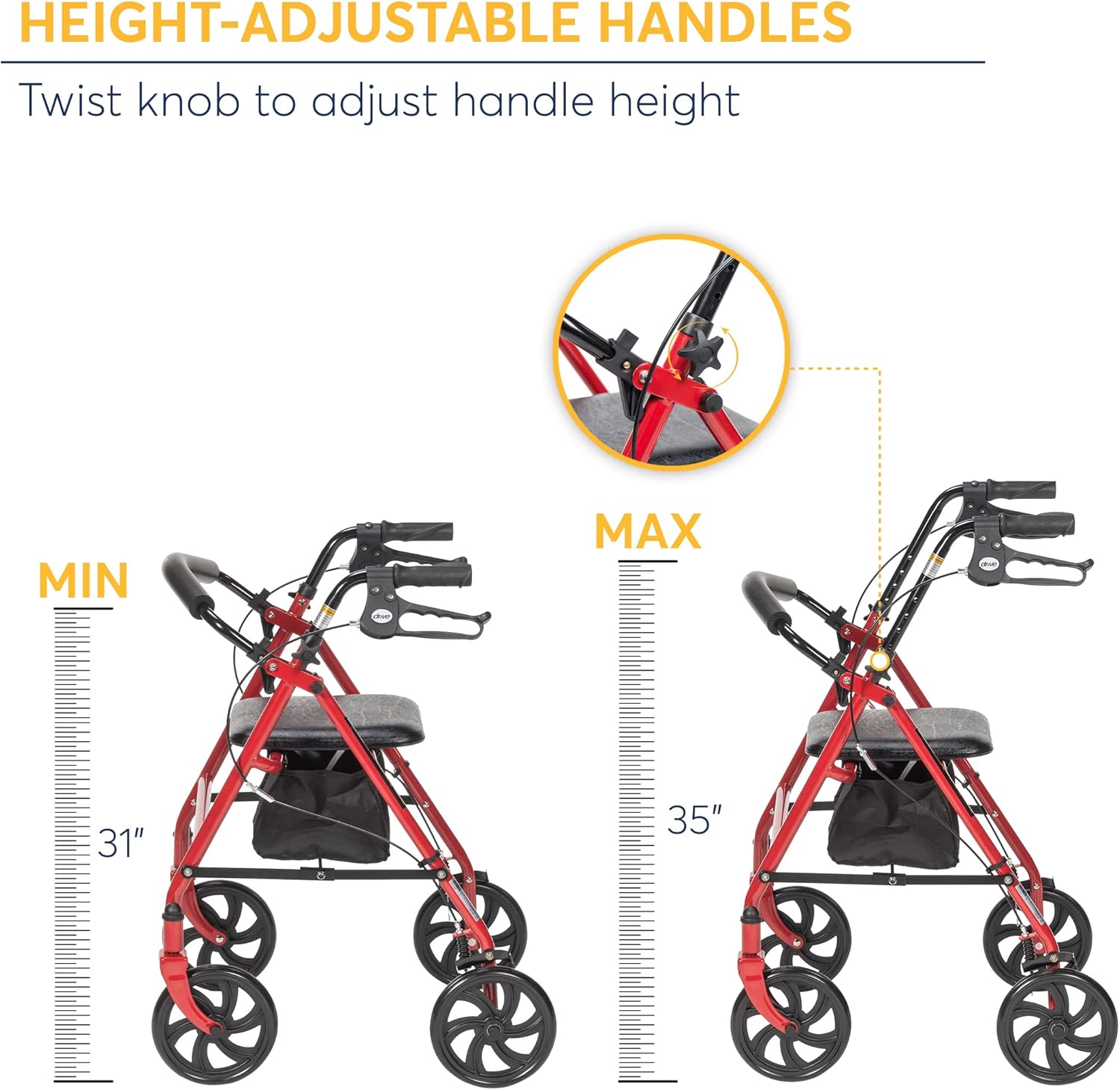 Drive Medical 4 Wheel Rollator Walker with Seat, Height Adjustable R563